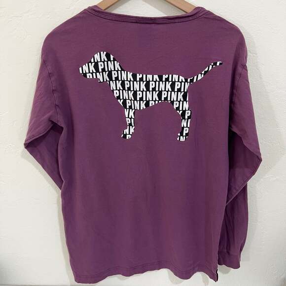 Victorias Secret PINK V-Neck Long Sleeve Pocket T-Shirt S Small Purple Logo Dog - Picture 5 of 5